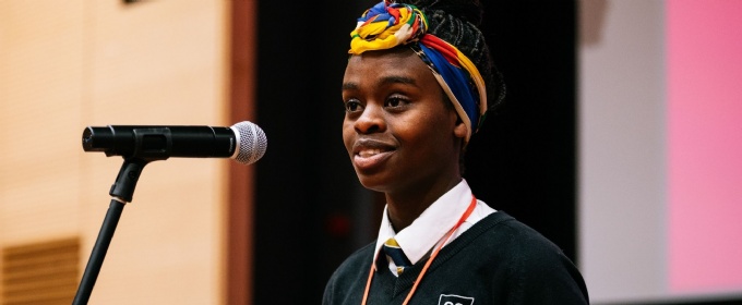 Student speaking at 2023 Young Writers Festival, Cambridge